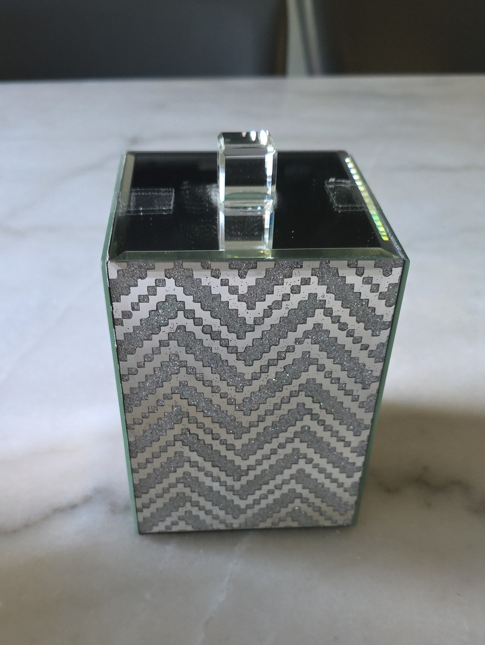 Silver Chevron Mirrored Decorative Box with Glass Knob